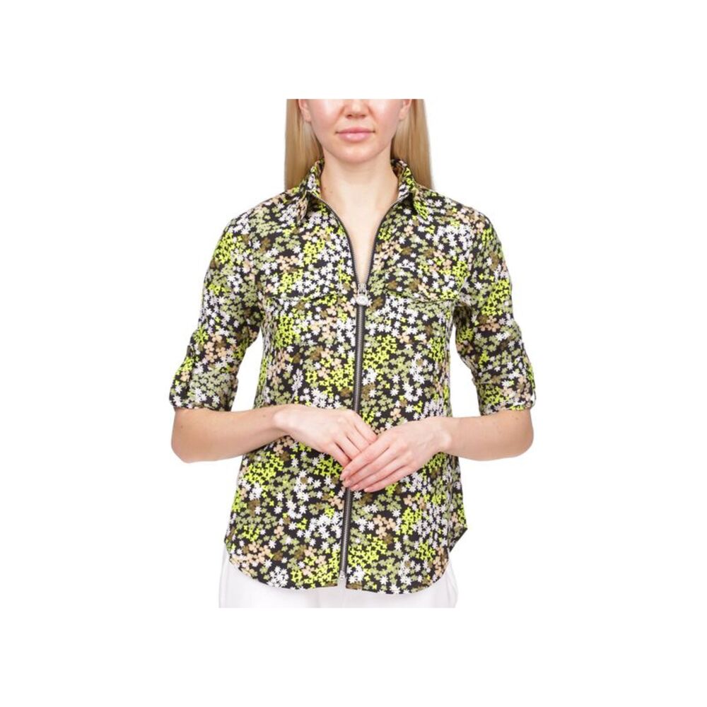 MICHAEL KORS Womens Zippered Shirttail Hem Floral Roll-tab Sleeve Collared Top